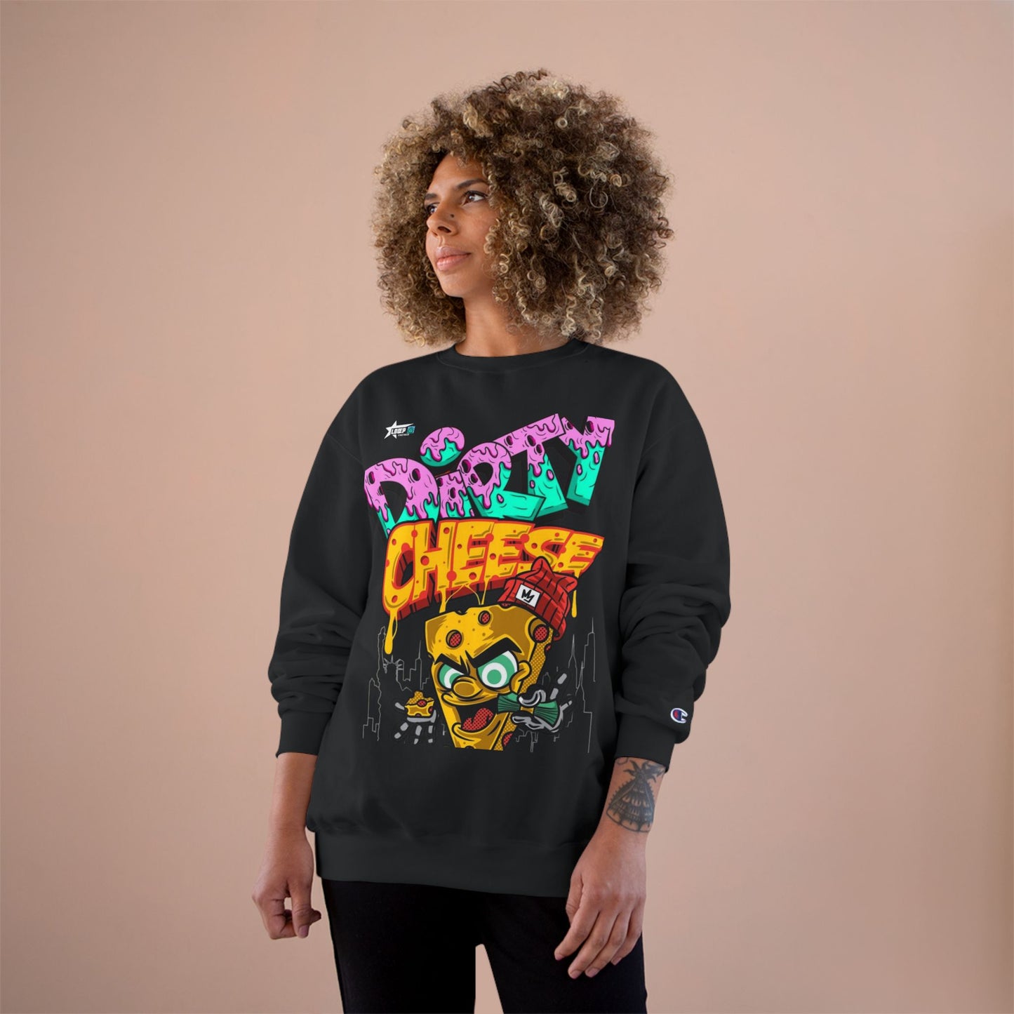 Funny Champion Sweatshirt - 'Dirty Cheese' Graphic Tee - Streetwear Style for Casual Parties